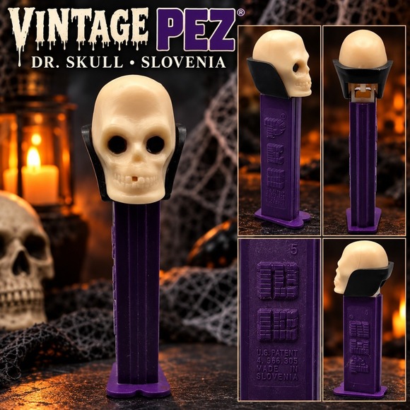 Other - Vintage 1991 PEZ Dr Skull Dispenser Purple Stem Feet Made in Slovenia Halloween